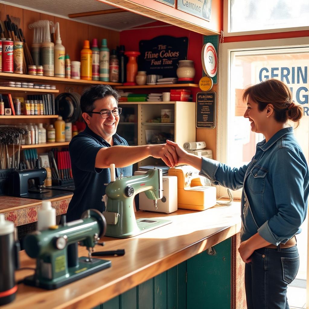 Shop owner greeting a customer at the counter