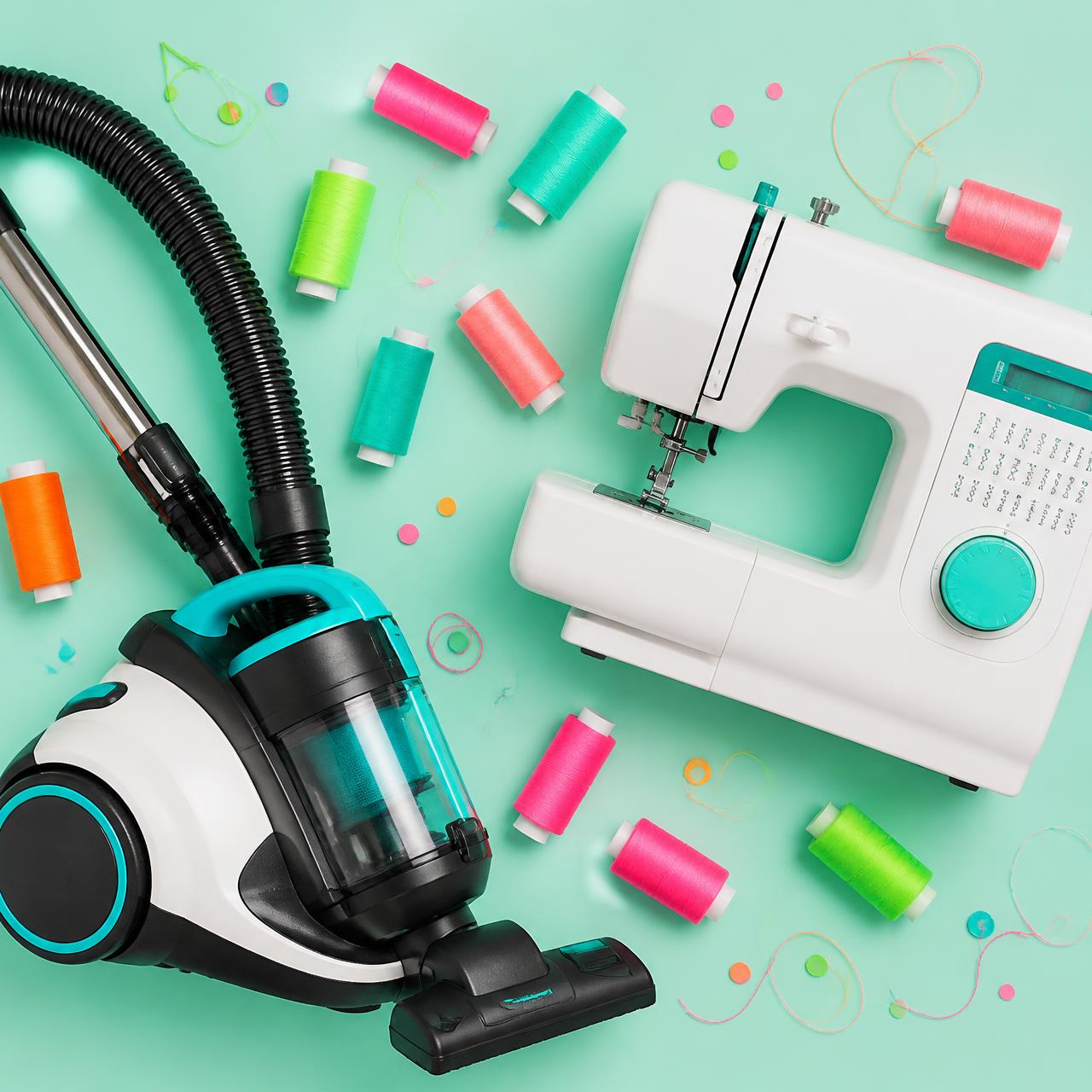 Vacuum, sewing machine and colorful thread spools