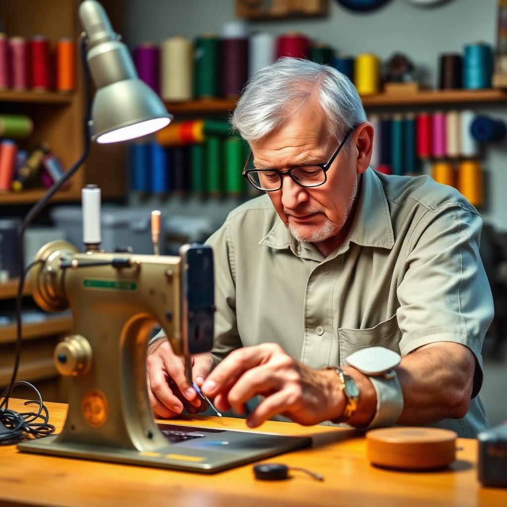 Master technician repairing a sewing machine under a lamp