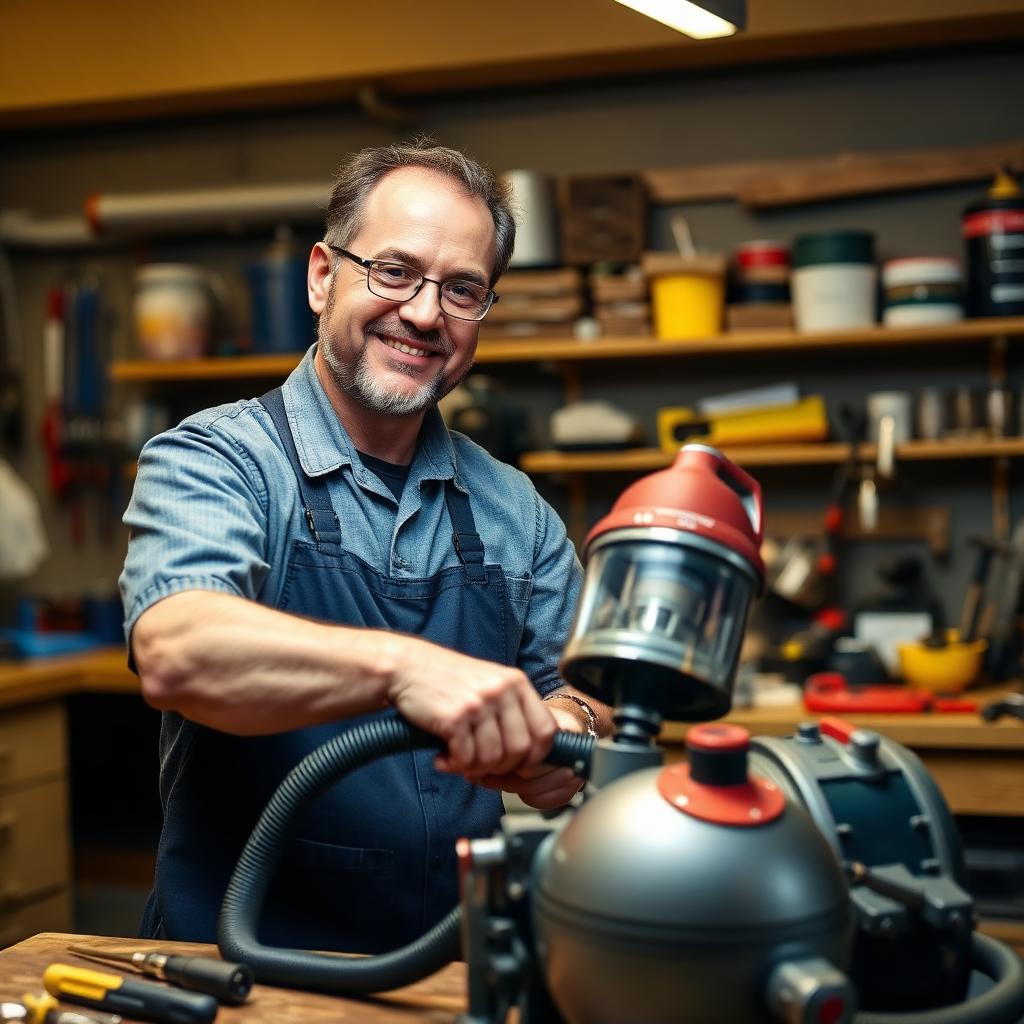 Technician repairing a vacuum cleaner in the workshop